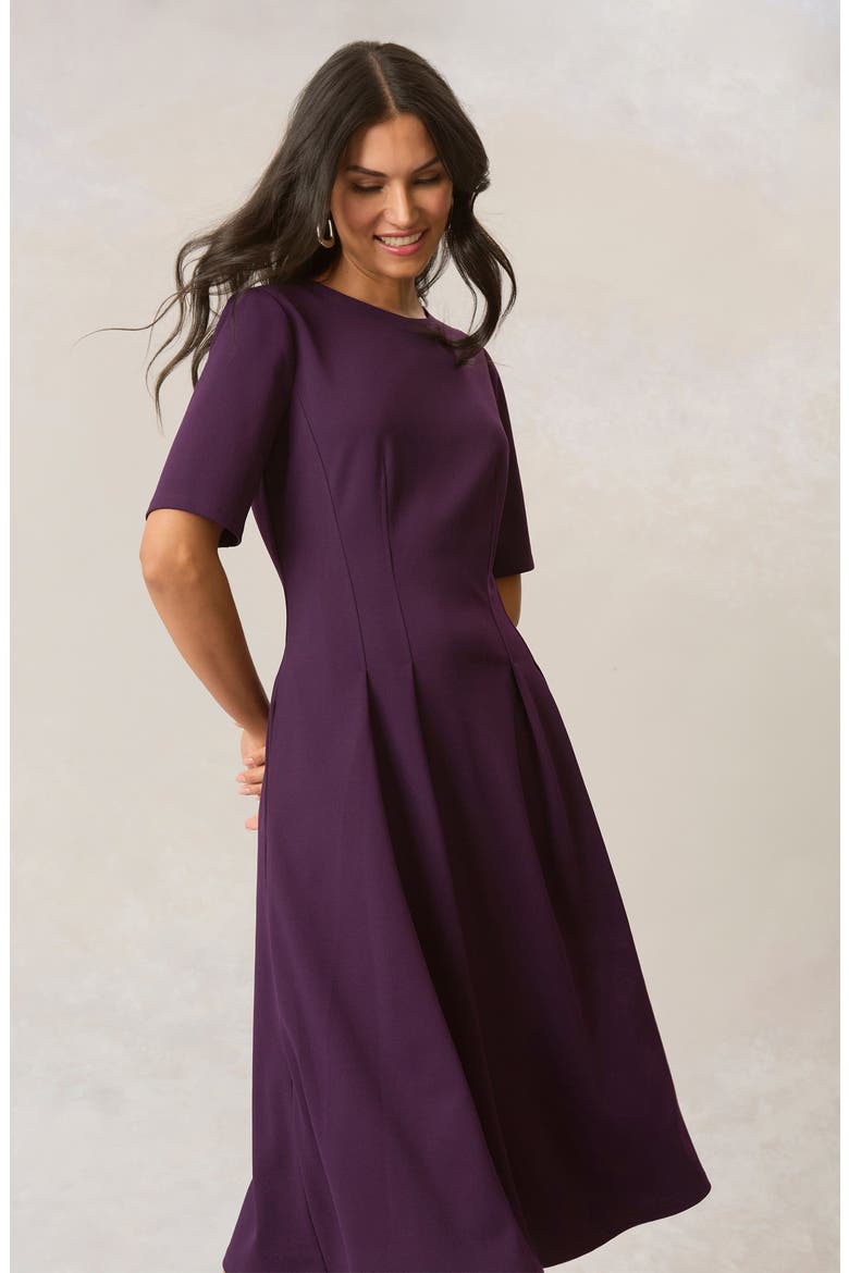 Double Pleat A-Line Midi Dress, Alternate, color, LUXE PLUM