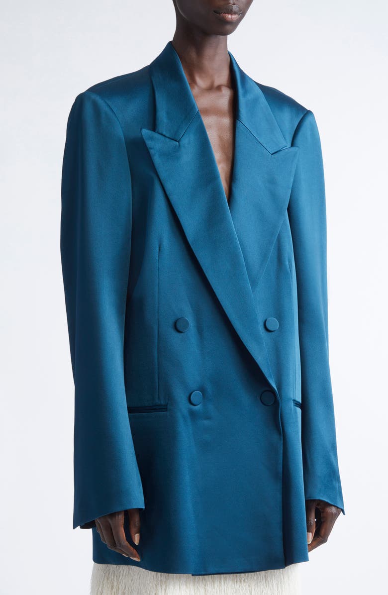 Dries Van Noten Blink Double Breasted Oversize Satin Jacket, Alternate, color, Petrol