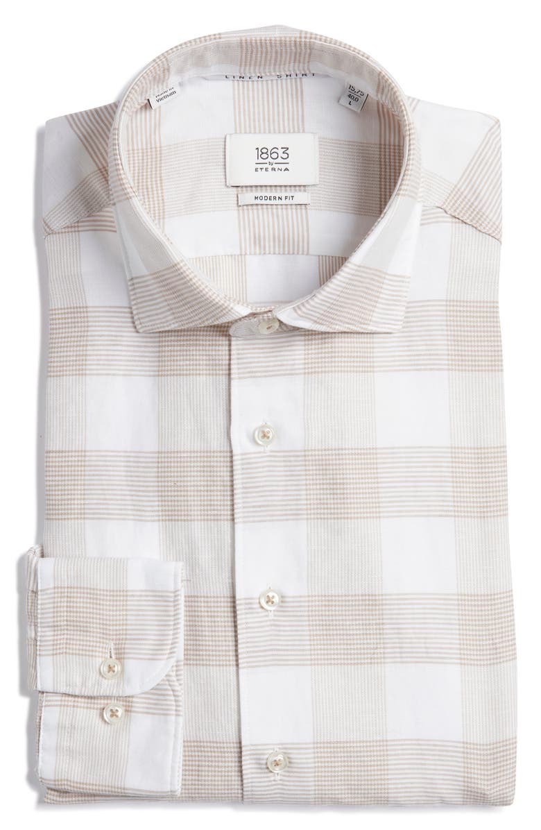 1863 by Eterna Modern Fit Cotton & Linen Easy-Iron Dress Shirt, Main, color, Beige