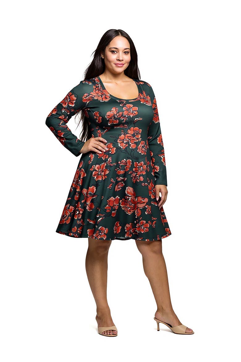 Long Sleeve Fit and Flare Dress in Floral Print, Alternate, color, Orange Multi