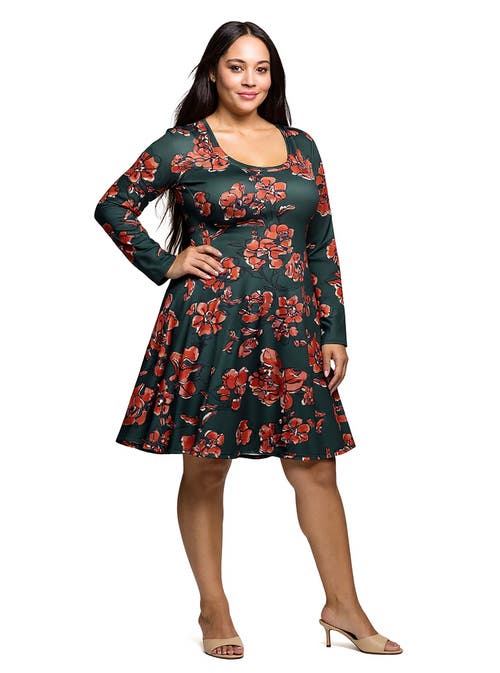 24seven Comfort Apparel Plus Size Long Sleeve Fit And Flare Dress In Multi