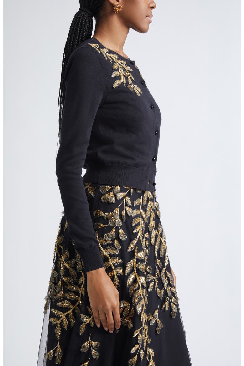 Leaf Embroidered Silk & Cotton Cardigan, Alternate, color, BLACK/ GOLD