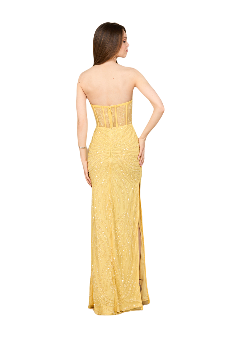 Beaded Corset Prom Dress with Slit, Alternate, color, Lemon