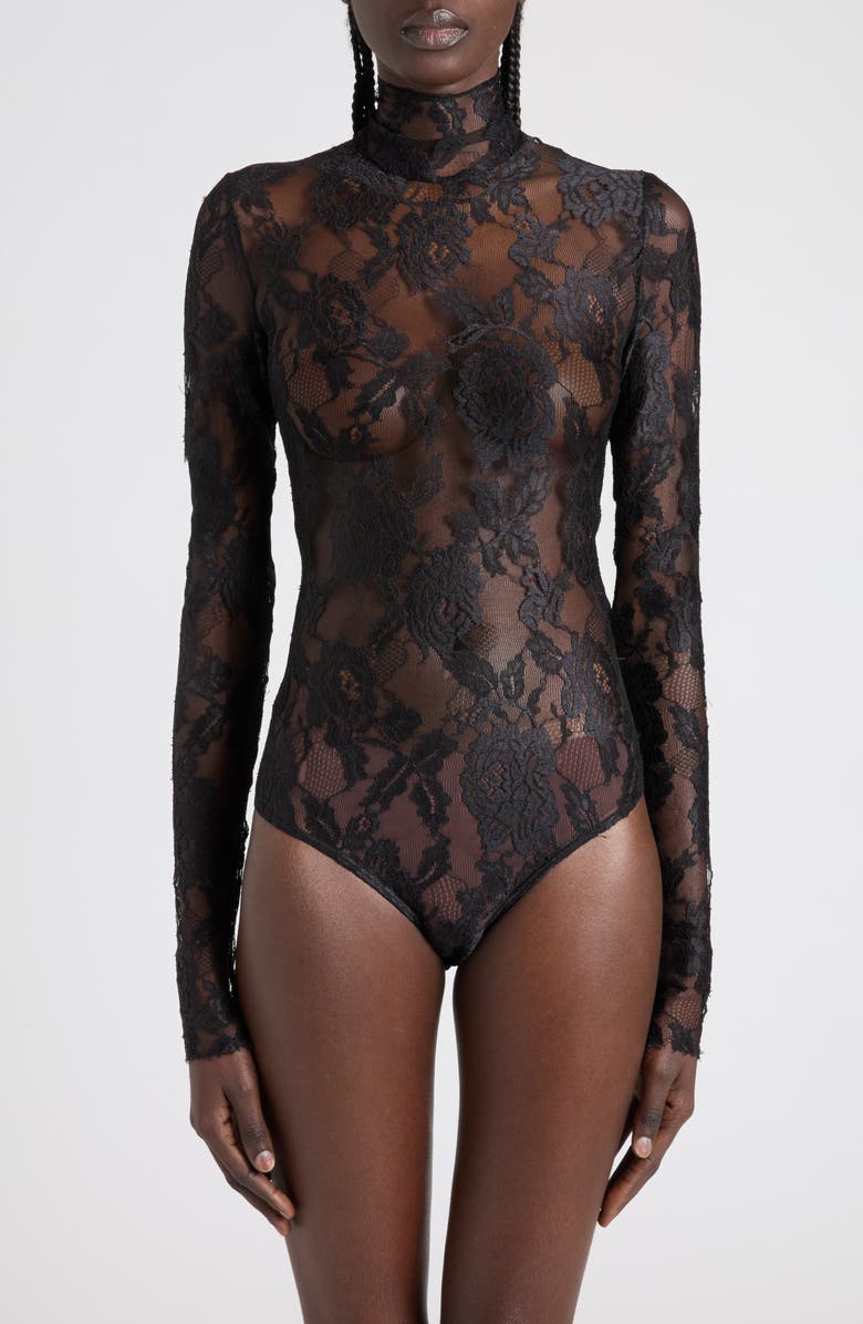 Valentino Sheer Lace Bodysuit, Main, color, Black