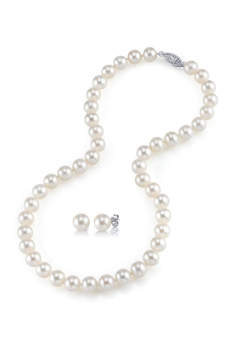 The Pearl Source Freshwater Pearl Necklace & Earrings, Main, color, White Gold - Finesse Clasp