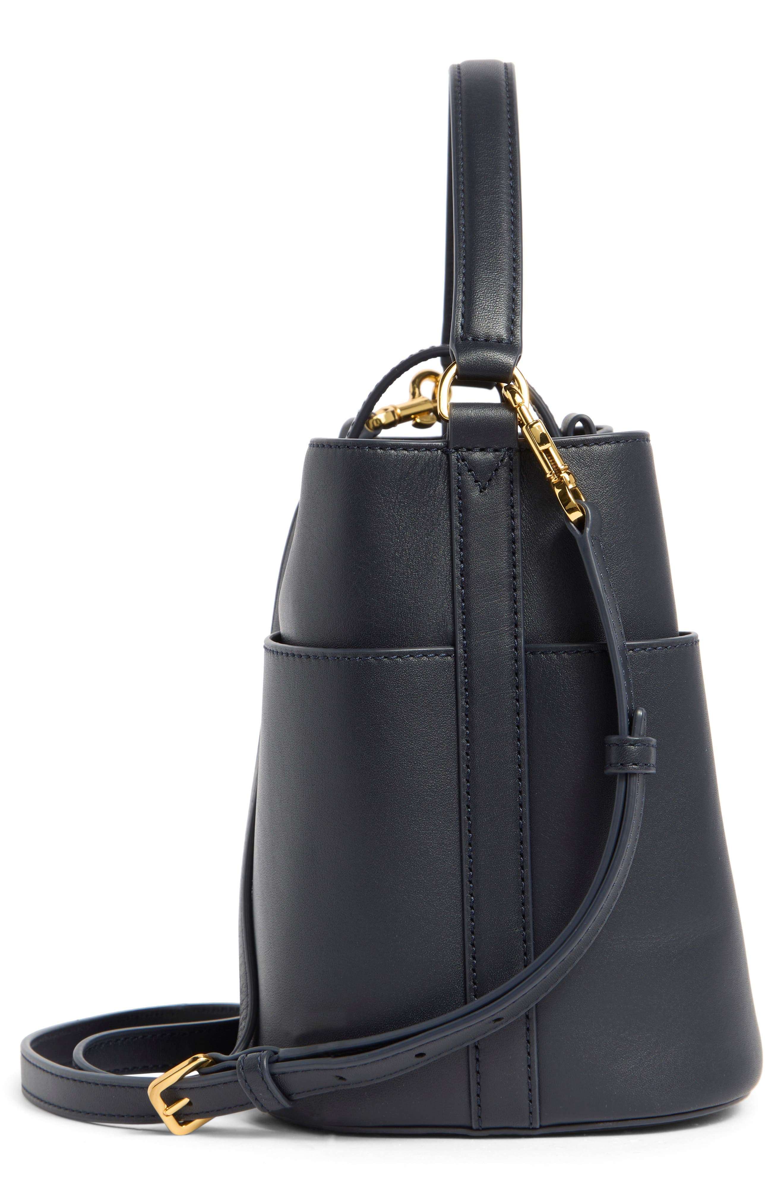Veronica Beard The Small Crest Lock Leather Bucket Bag, Alternate, color, Navy