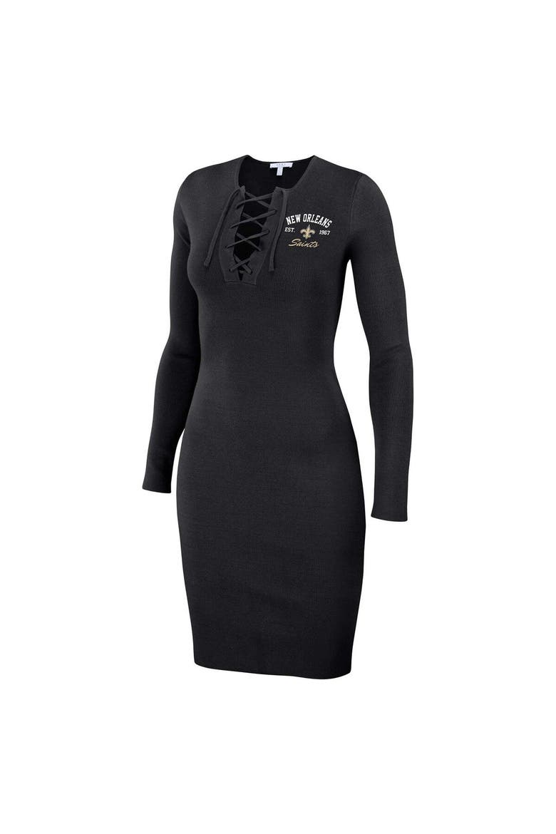 Women's WEAR by Erin Andrews Black New Orleans Saints Lace Up Long Sleeve Dress, Alternate, color, Black