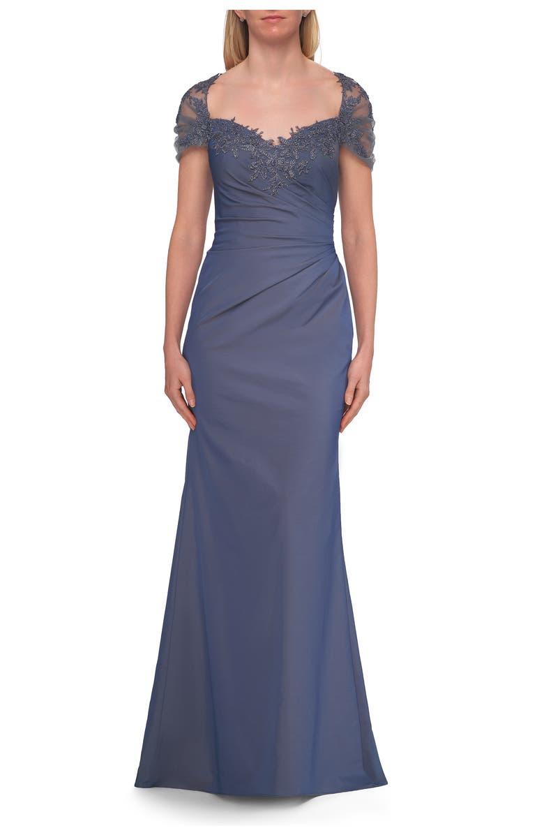 La Femme Embroidered Lace Sleeve Gown with Keyhole Back, Main, color, Slate Blue