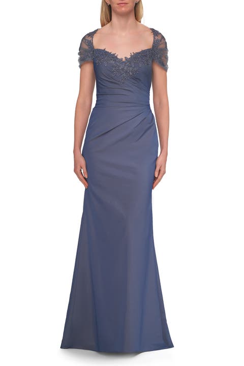 Embroidered Lace Sleeve Gown with Keyhole Back