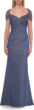 La Femme Embroidered Lace Sleeve Gown with Keyhole Back