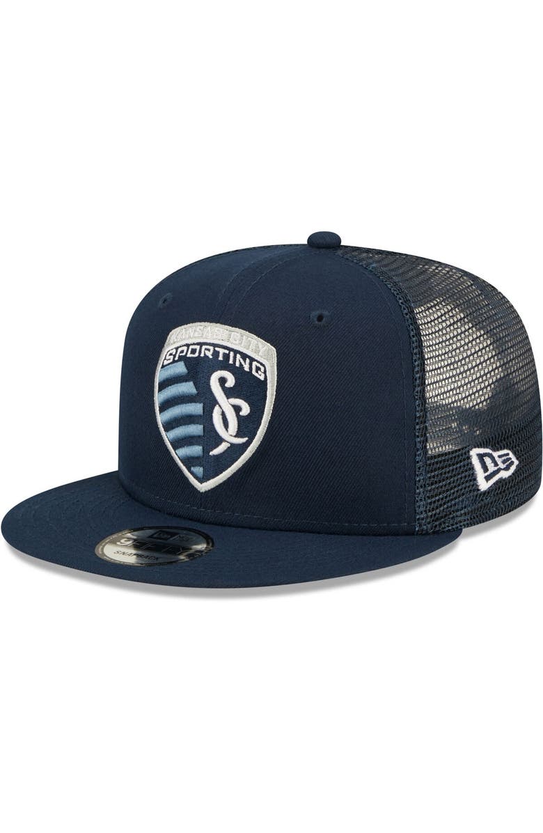New Era Men's New Era Navy Sporting Kansas City Classic 9FIFTY Trucker Snapback Hat, Main, color, 