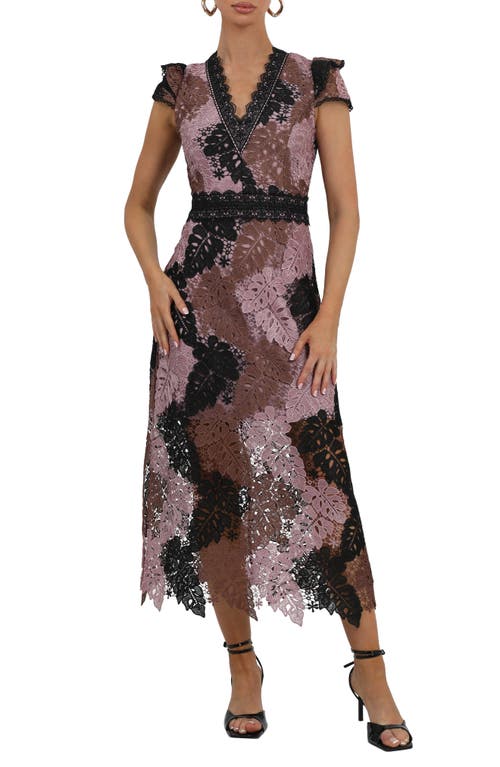 Adelyn Rae Adeline Palm Lace Midi Dress in Sepia Mauve Brown 