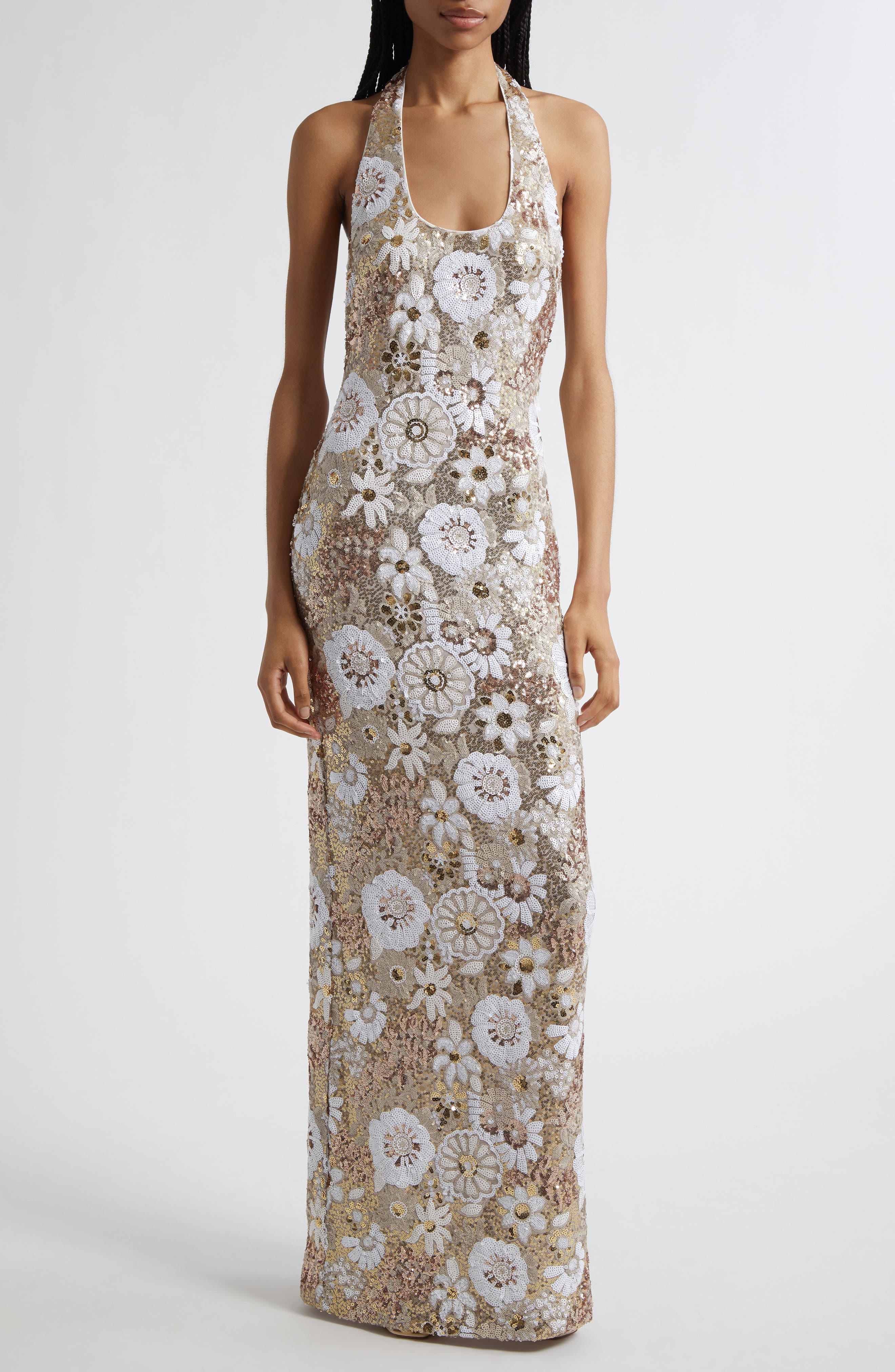 fishbone halter dress crushed flower dress Deep V-Neck Halter Lace Spliced Floral Dress, YellowRose / XS