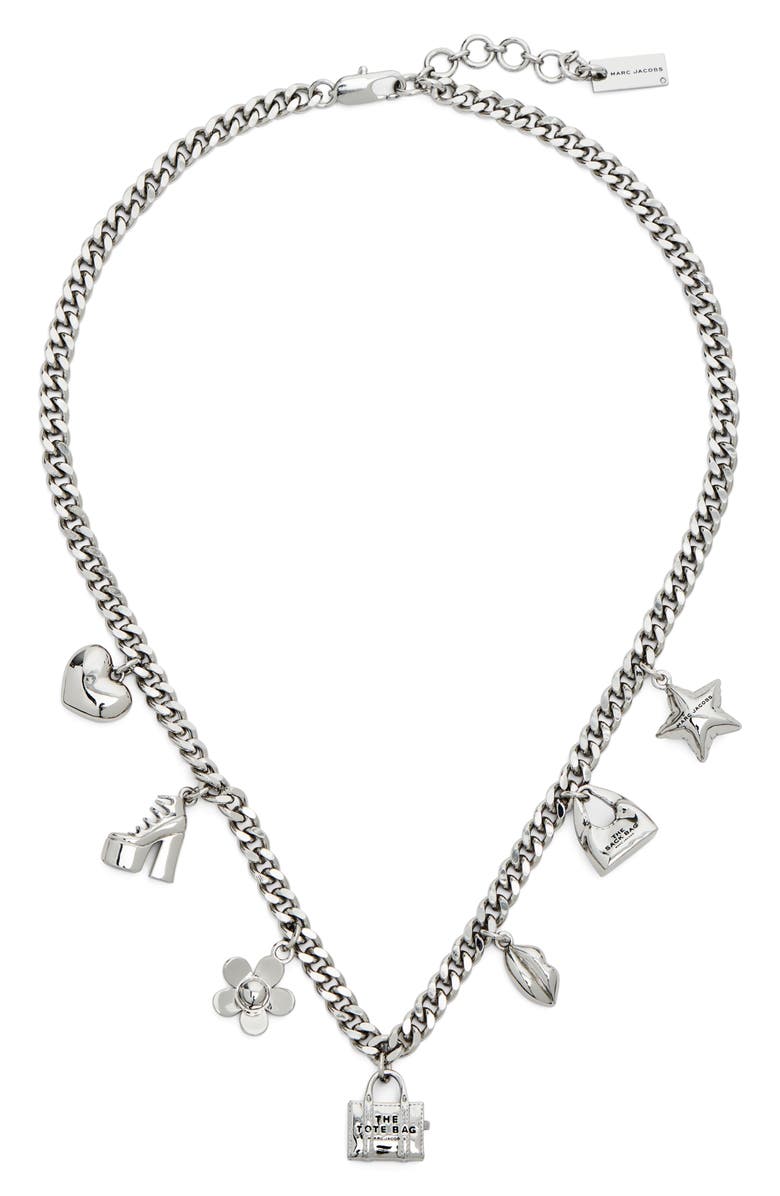 Marc Jacobs Mini Icon Charm Necklace, Main, color, Light Antique Silver