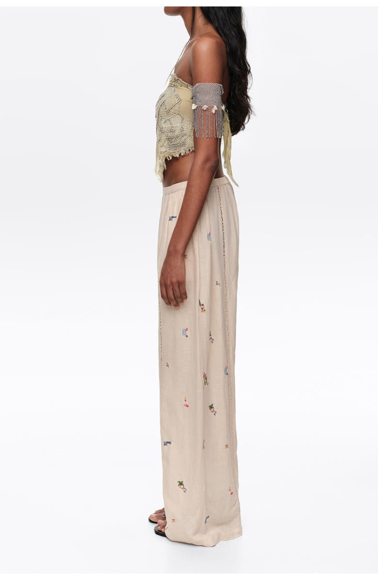 Bimba y Lola Wide Linen Trousers With Lace And Embroidery, Alternate, color, Sand