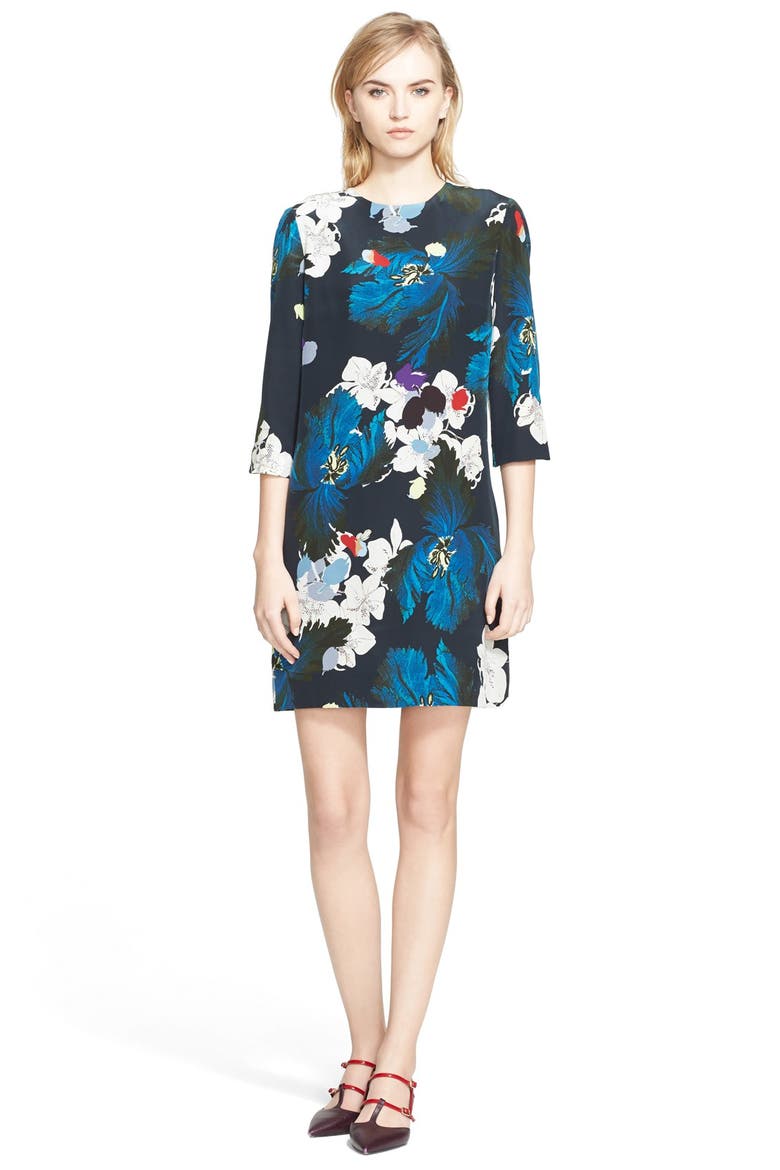 'Emma' Floral Print Crepe Shift Minidress, Main, color, INK BLUE/ ECRU