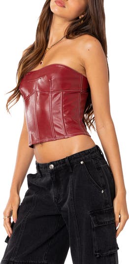 Moss Lace-Up Strapless Faux Leather Corset Top