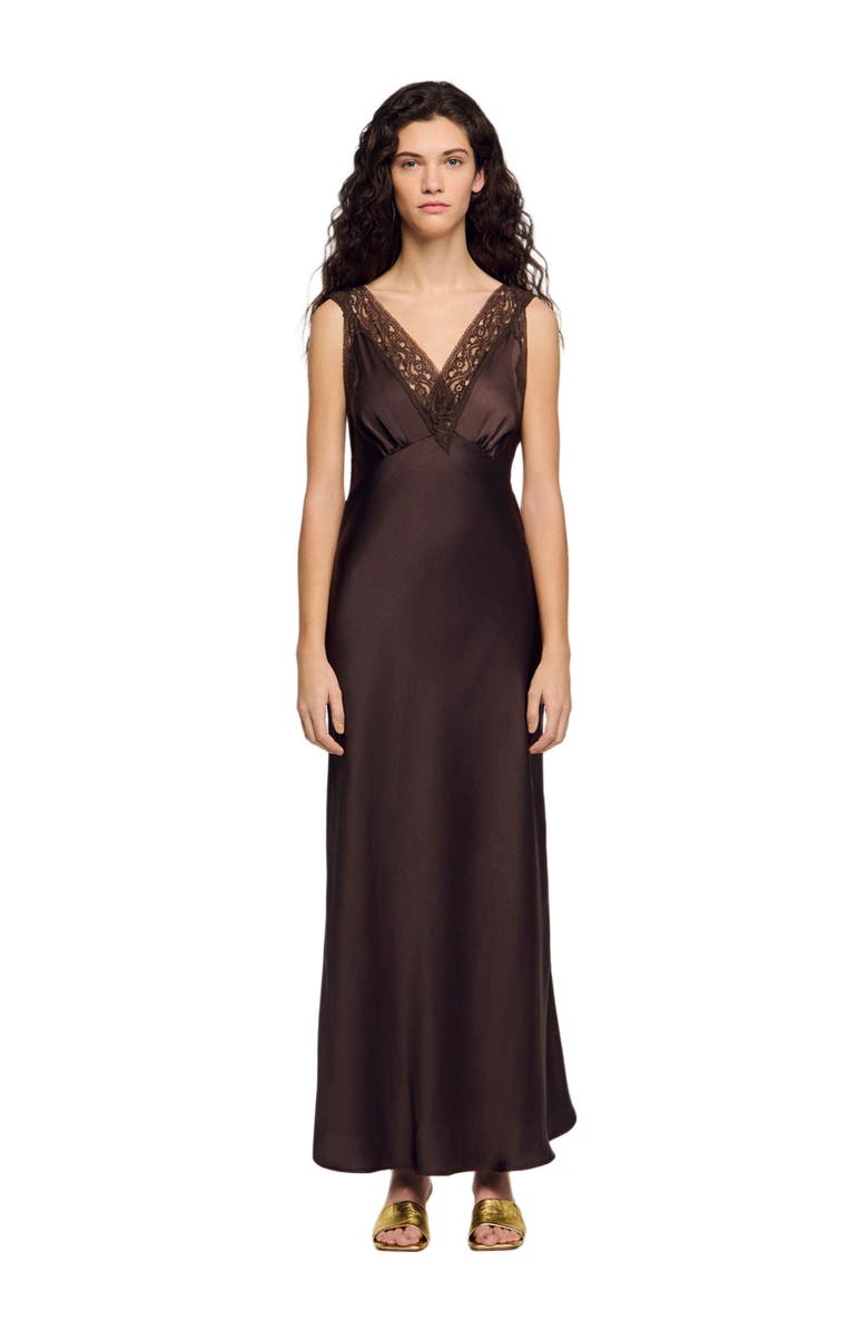 SANDRO Lace collar maxi dress, Main, color, Brown