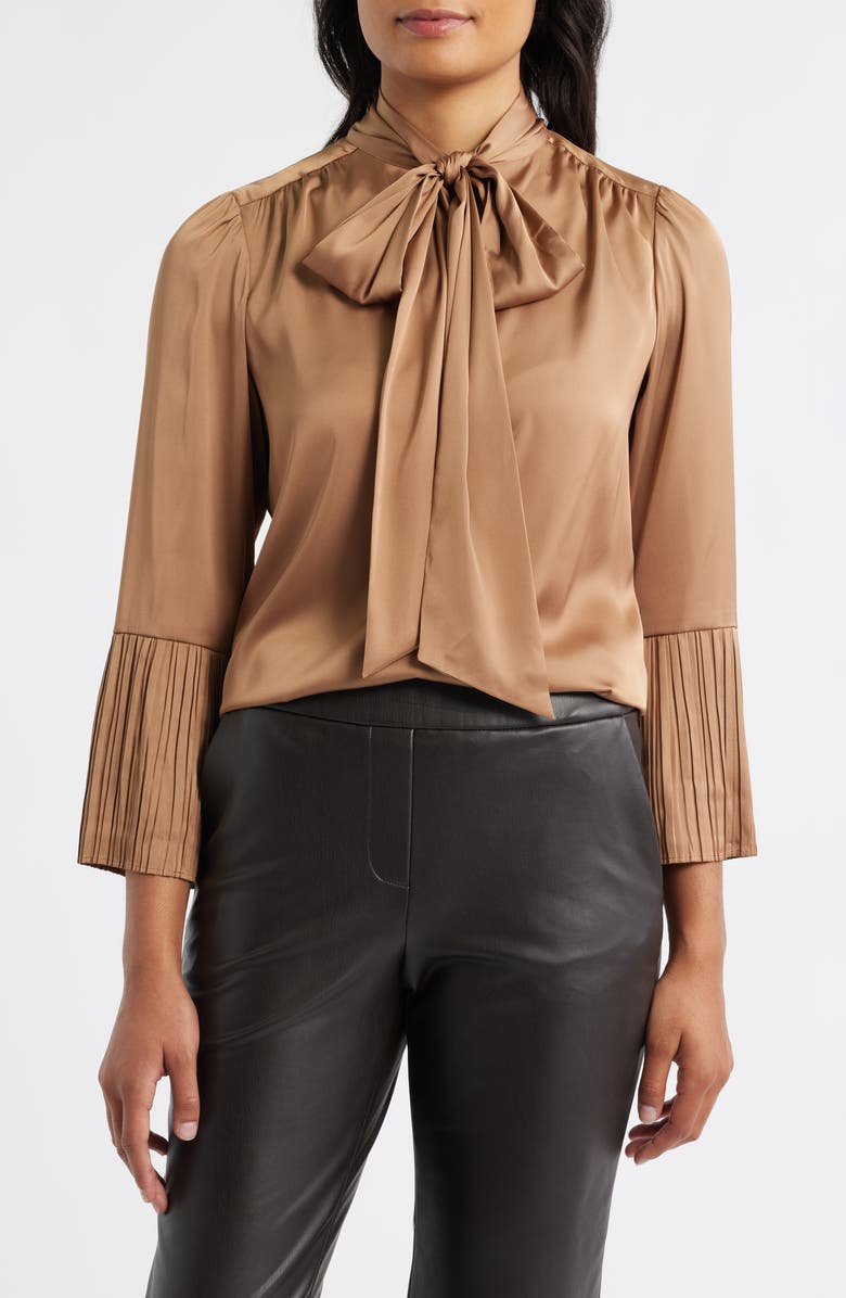 Anne Klein Pussybow Tie Satin Top, Main, color, Vicuna