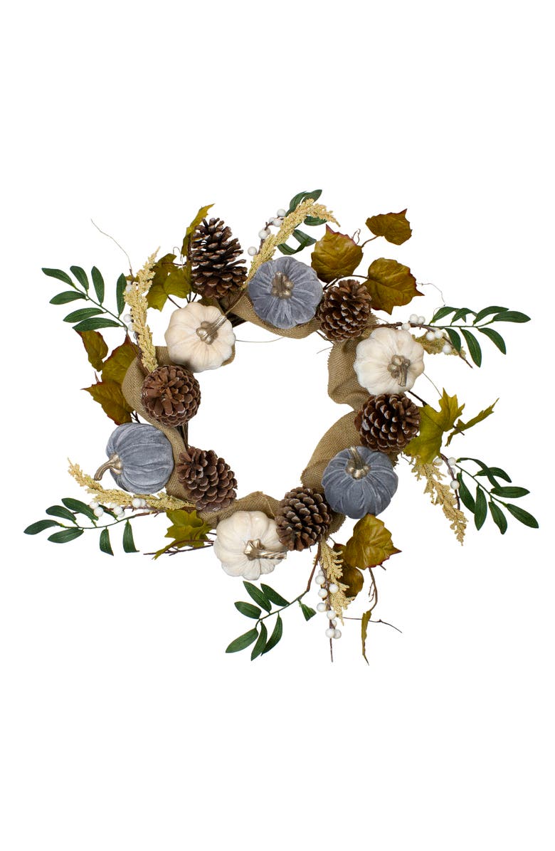 Northlight Pumpkins and Pinecones Artificial Burlap Fall Harvest Wreath - 24" - Beige and Green, Main, color, 