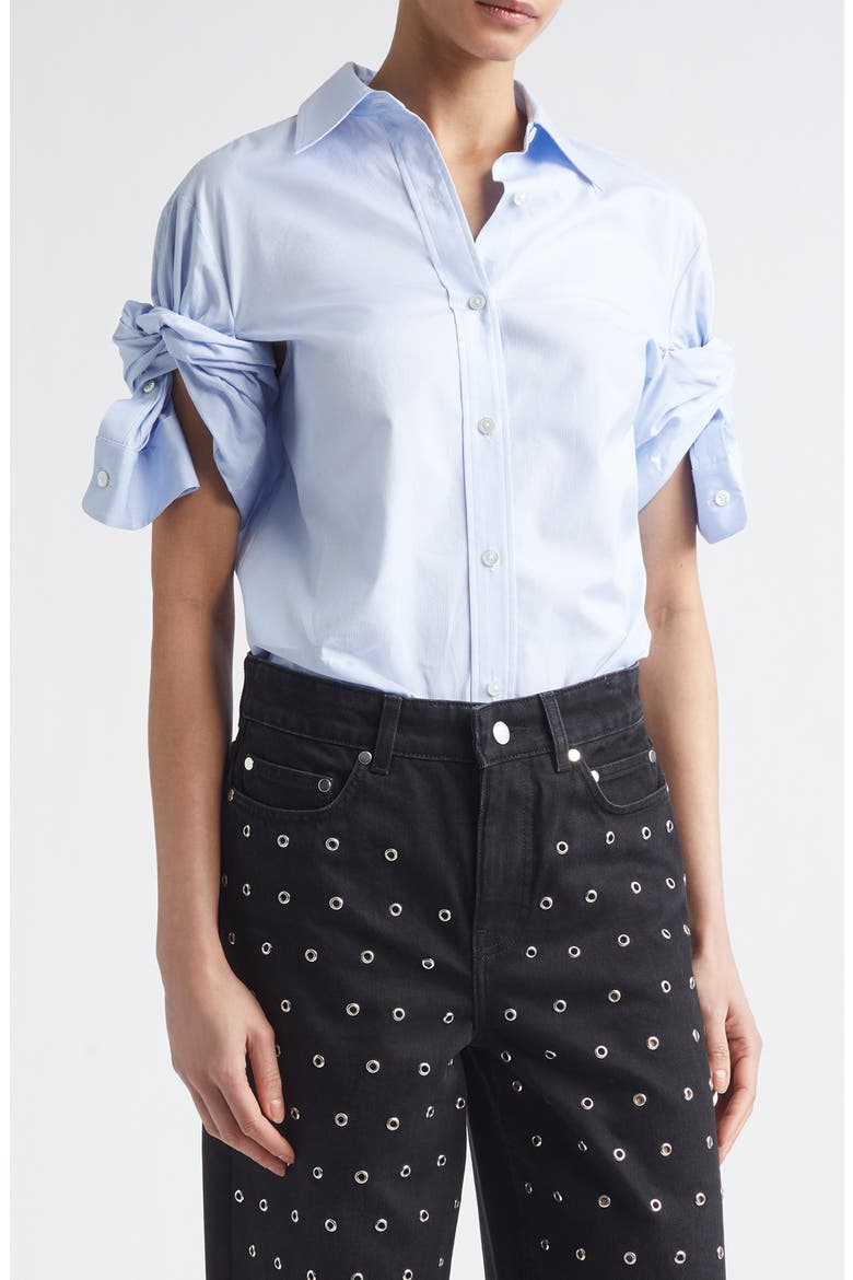 Knotted Sleeve Stripe Cotton Poplin Button-Down Shirt, Main, color, SKY BLUE