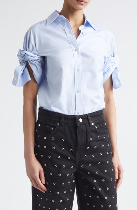 Knotted Sleeve Stripe Cotton Poplin Button-Down Shirt