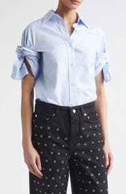 MONSE Knotted Sleeve Stripe Cotton Poplin Button-Down Shirt