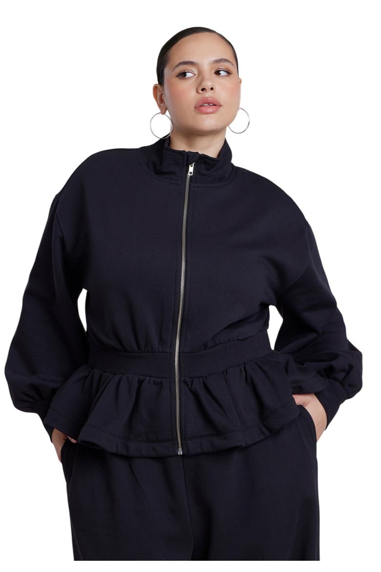 Cinched Zip Front Peplum Sweatshirt, Main, color, BLACK ONYX