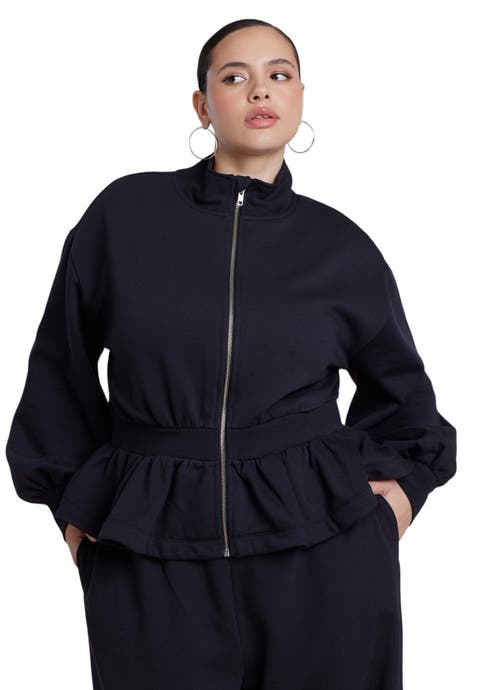 Cinched Zip Front Peplum Sweatshirt