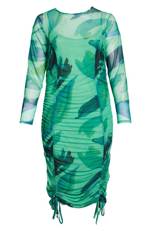 Curve Long Sleeve Mesh Midi Dress (Plus Size)