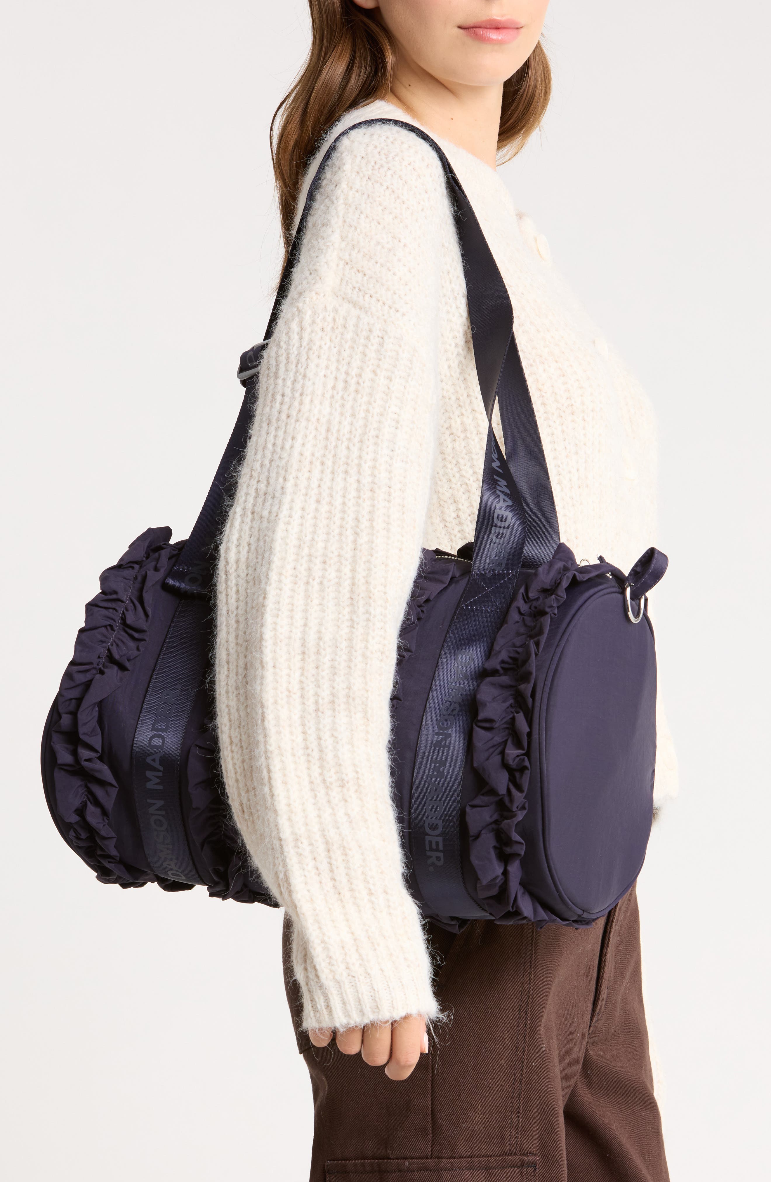 Brooke Frill Barrel Bag, Alternate, color, NAVY