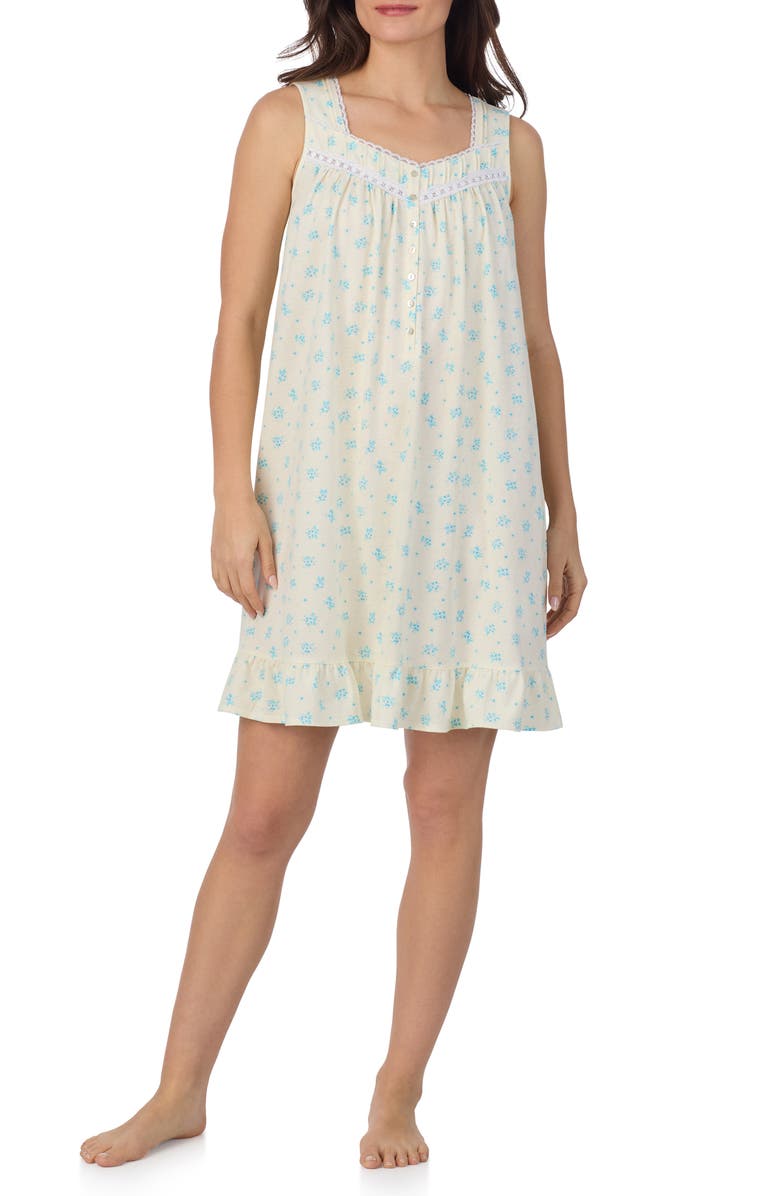 Eileen West Floral Print Sleeveless Cotton Jersey Short Nightgown, Main, color, Yellow Print