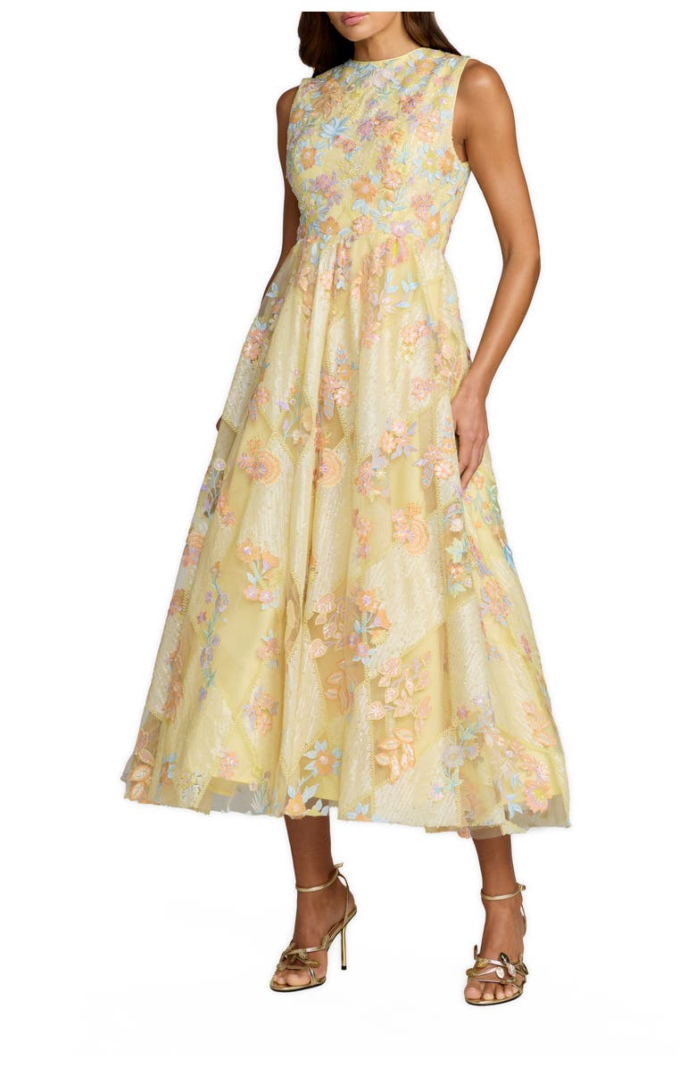 Mac Duggal Floral Embroidered Sleeveless Tulle Midi Dress, Main, color, Yellow Multi