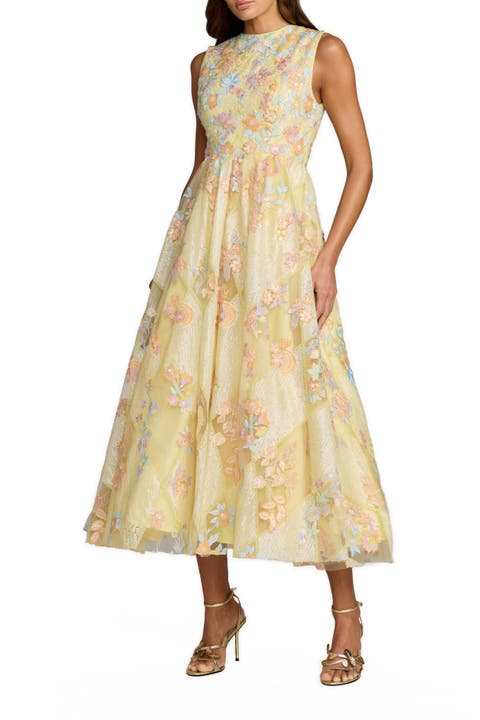 Floral Embroidered Sleeveless Tulle Midi Dress