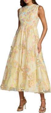 Mac Duggal Floral Embroidered Sleeveless Tulle Midi Dress