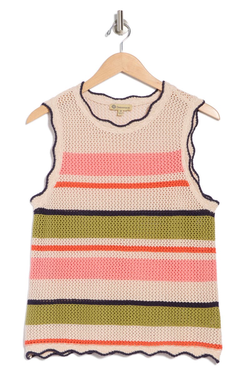 Stripe Sleeveless Open Stitch Cotton Sweater