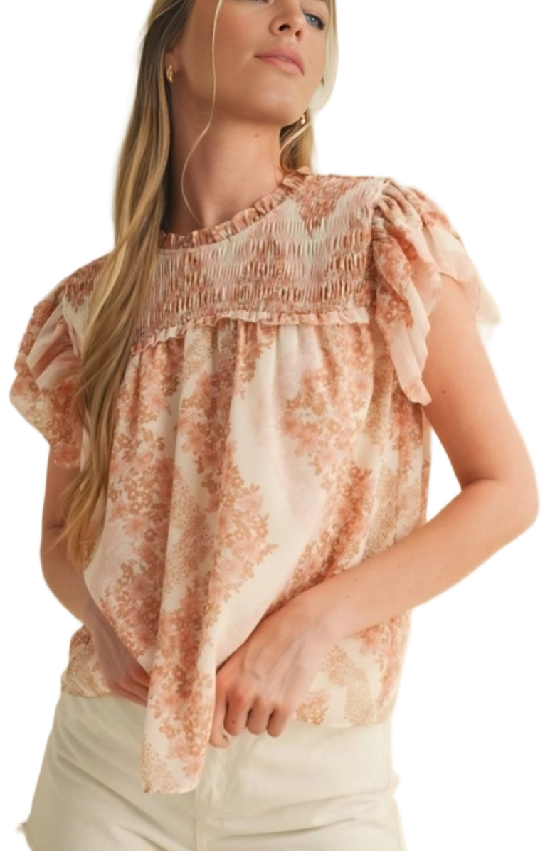 Knit and Lounge Smocked Ruffle Sleeve Lightweight Relaxed Fit Top, Alternate, color, Soft Pink Floral