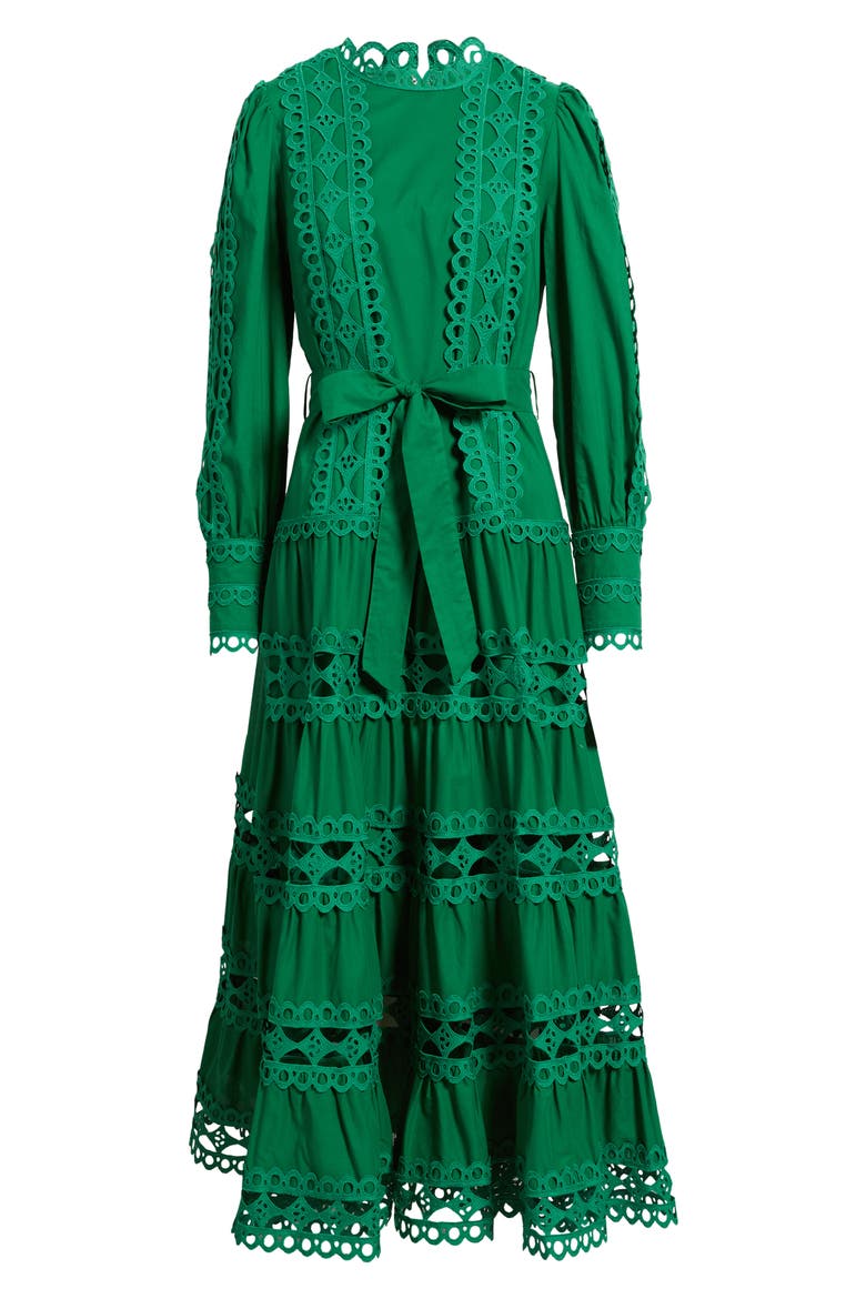 Lace Trim Long Sleeve Cotton Maxi Dress, Alternate, color, GREEN