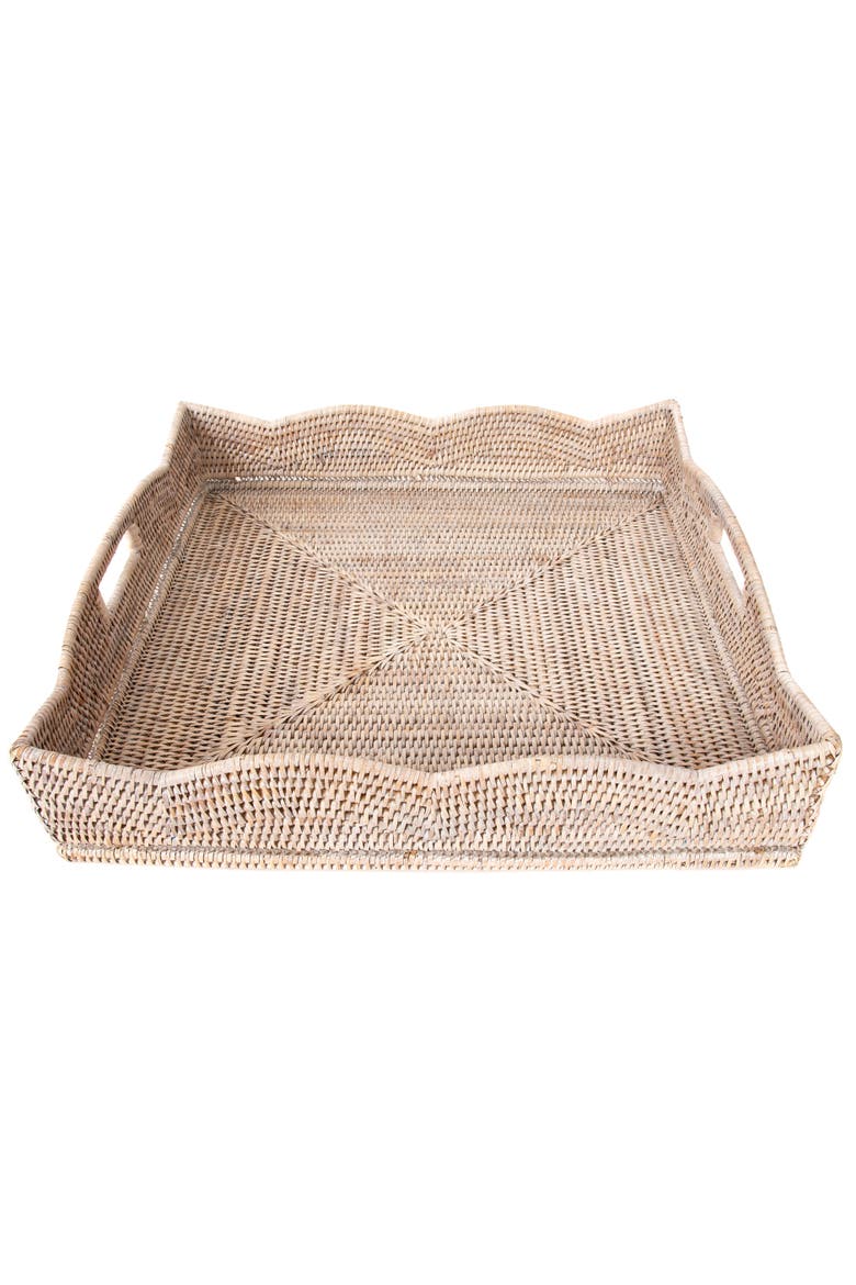 Artifacts Rattan Scallop Collection Square Tray With Cutout Handles, Alternate, color, White Wash