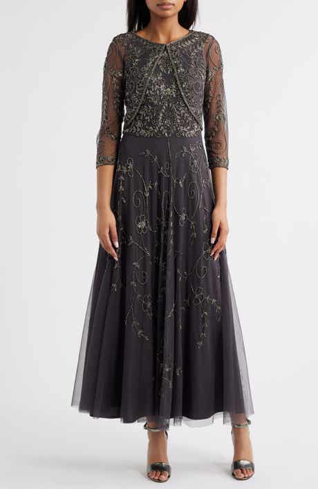 Pisarro Nights Beaded Mesh Gown with Jacket