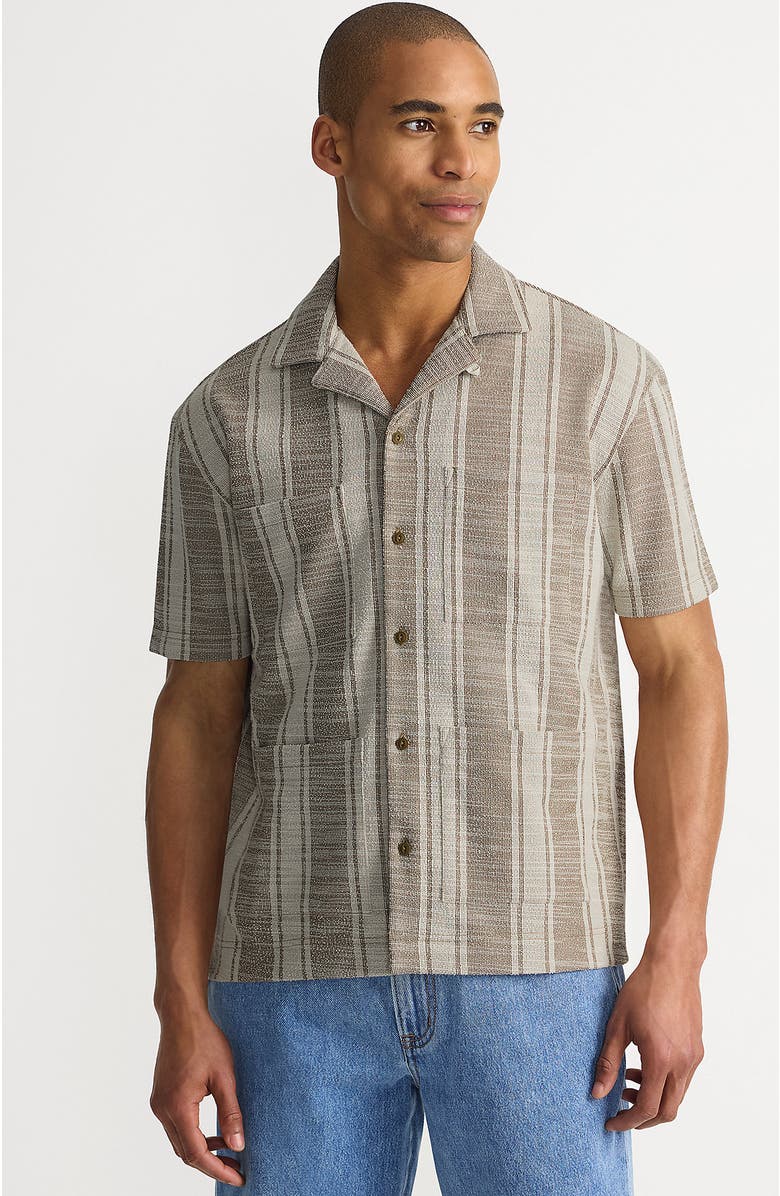 Lands' End Short Sleeve Textured Jacquard Camp Collar Shirt - Set Top, Main, color, Toasted Rye Stripe
