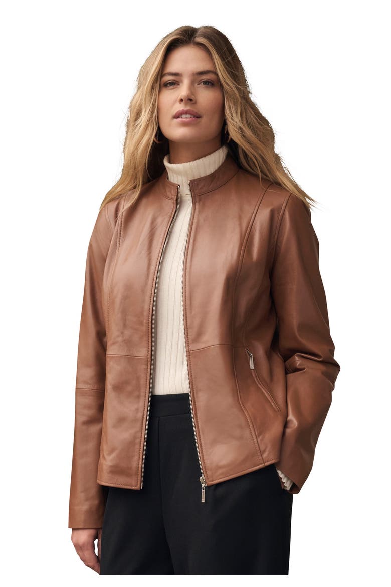 Zip Front Leather Jacket, Main, color, COGNAC
