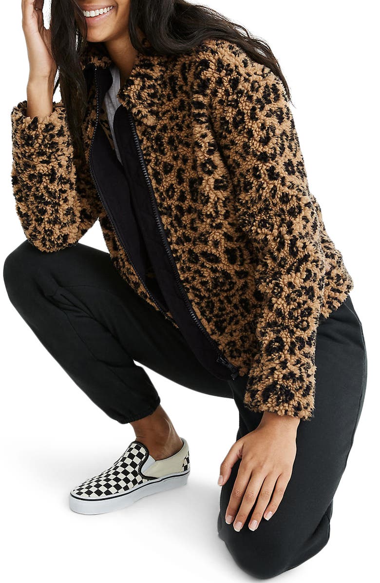 Madewell Leopard Spot Faux Shearling Bomber Jacket, Main, color,