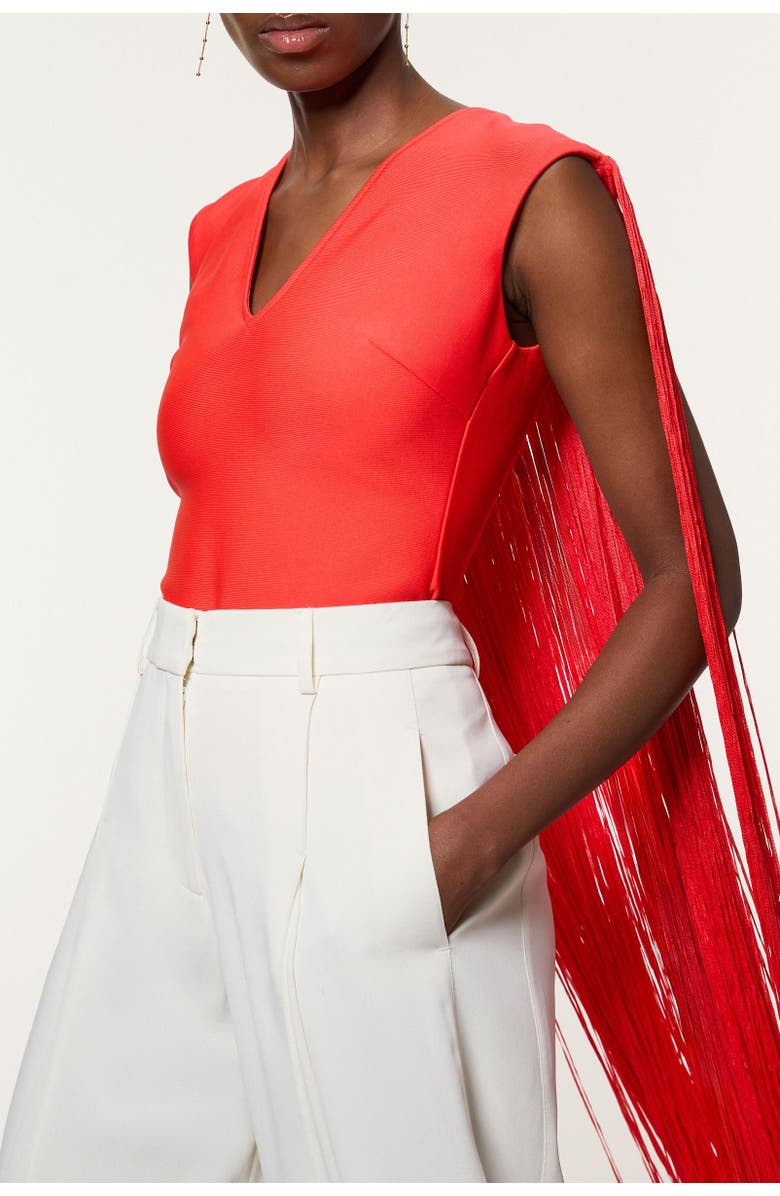 Karen Millen Bandage Knit Long Tassel Cape Top, Alternate, color, Coral