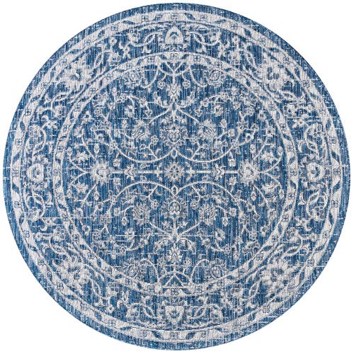 Jonathan Y Palazzo Vine And Border Textured Weave Indoor/outdoor Round Area Rug In Navy/gray