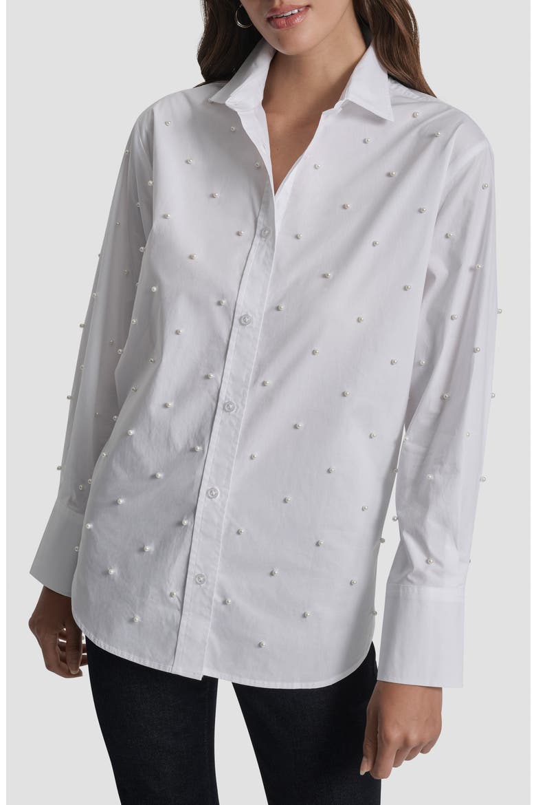 Faux Pearl Embellished Button-Up Shirt, Main, color, WHITE