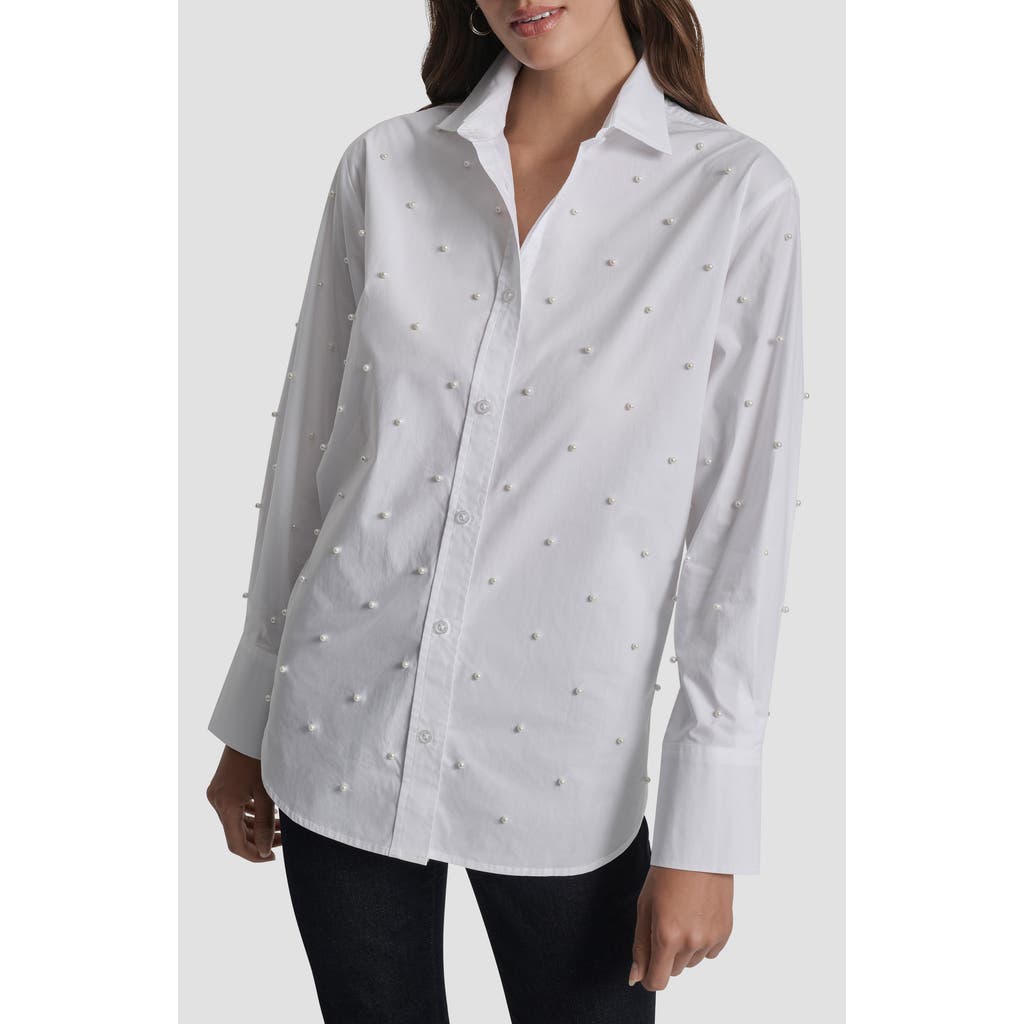 Dkny Jeans Faux Pearl Embellished Button-up Shirt In White