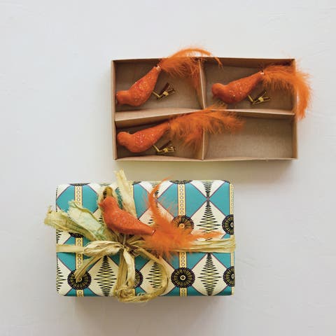 Artisan Glass & Feather Clip-on Bird Ornaments, Set of 4