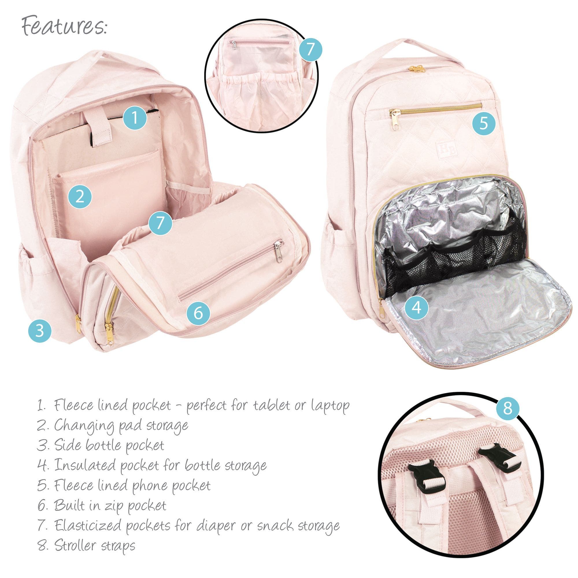 Hudson Baby Luxury Diaper Backpack Kit with Portable Changing Mat, Alternate, color, Powder Pink