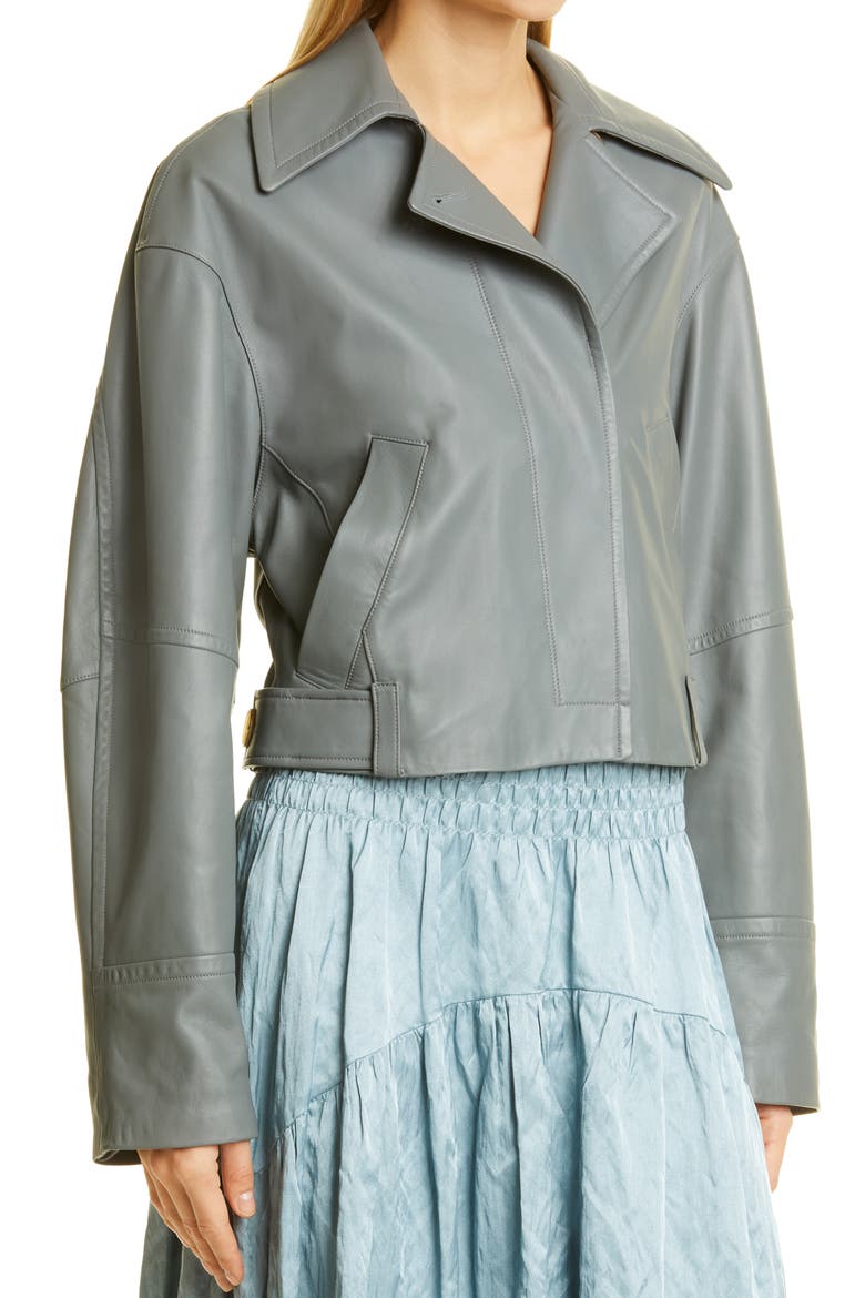 Asymmetric Crop Leather Jacket, Alternate, color, SEA STONE